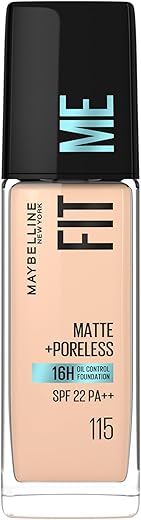 Maybelline New York Liquid Foundation, Matte Finish, With SPF, Absorbs Oil, Fit Me Matte + Poreless, 115 Ivory, 30ml
