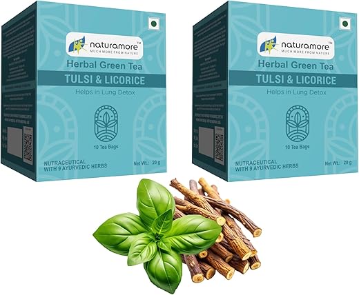 Naturamore Herbal Green Tea - Tulsi & Licorice Blend for Lung Detox & Respiratory Wellness (Pack of 10 x 2 Tea Bags - 20 Tea Bags Total)