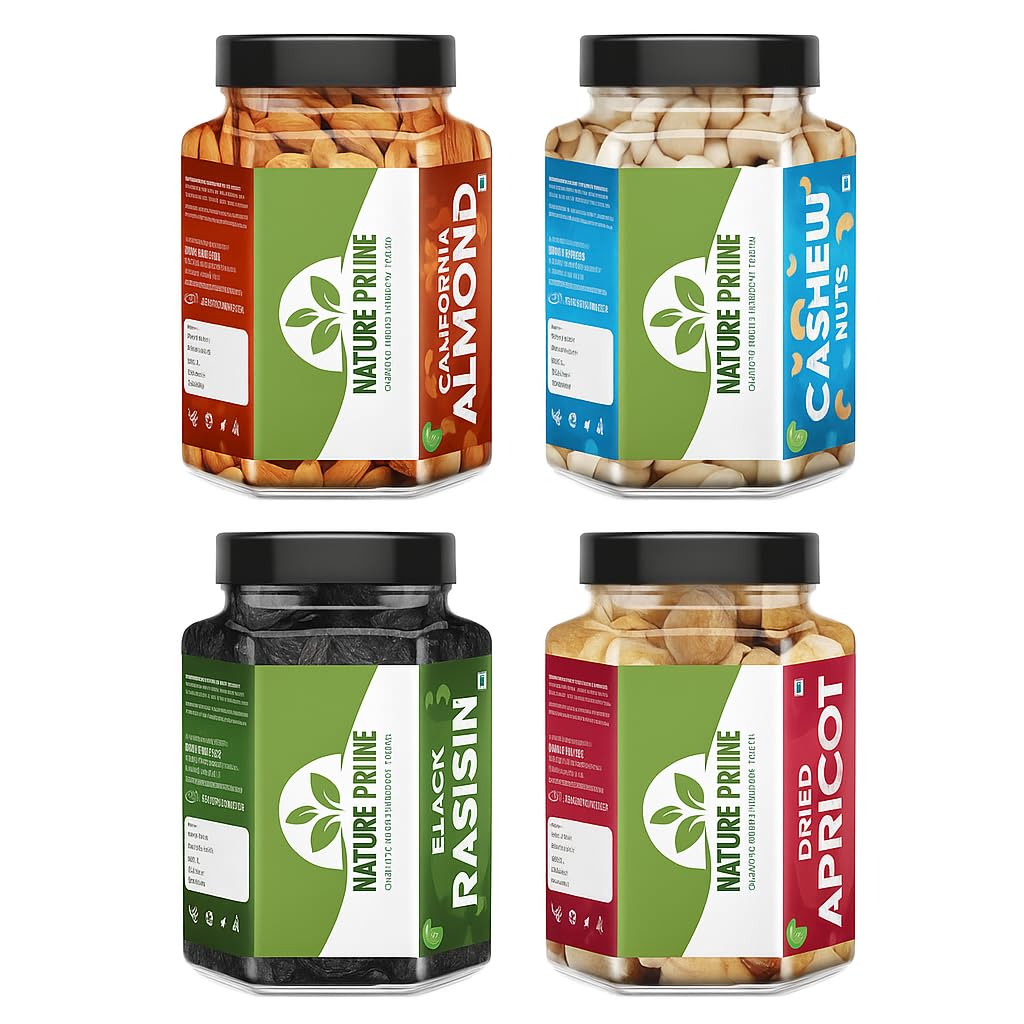 Nature Prime Fresh and Healthy Nuts Dry Fruits Combo Pack of Almond, Cashew,Black Raisin, Apricot Jar Pack (200g * 4) 800G