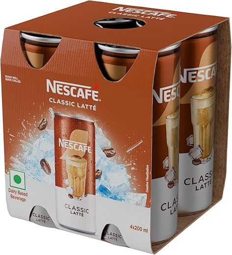 Nescafe Café-Style Cold Coffee Liquid Can, Classic Latté, (4Units x 200 Ml), 800 Ml