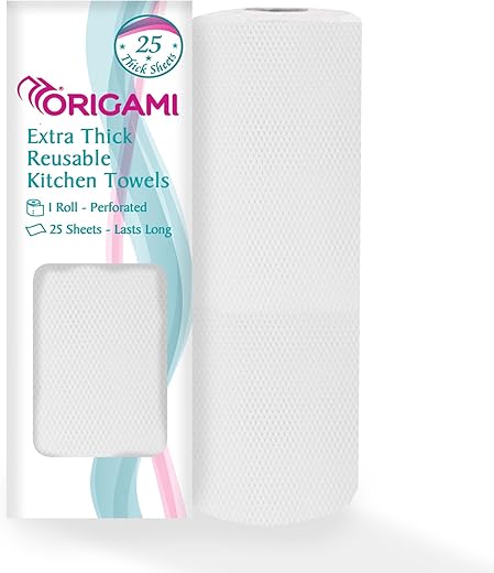 Origami Extra Thick Reusable & Washable Non-Woven Kitchen Towel | Lasts Up to 100 Uses | 25 Wipes Per Roll