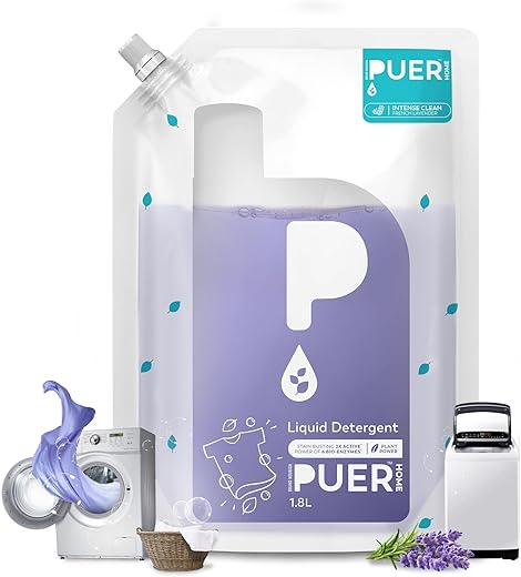 PUER Liquid Detergent Intense Clean French Lavender 1800ml Refill Pouch for Front & Top Load Washing Machine | Plant Based & Eco Friendly | Tough Stain Removal, Color Safe & Bleach Free
