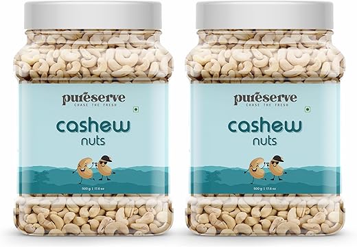 Pureserve Premium Whole Cashews 1Kg (500g*2) - Super Crunchy & Naturally Sweet | Rich in Protein & Healthy Fats | Ideal for Snacking, Cooking & Gifting | Vegan & Gluten-Free
