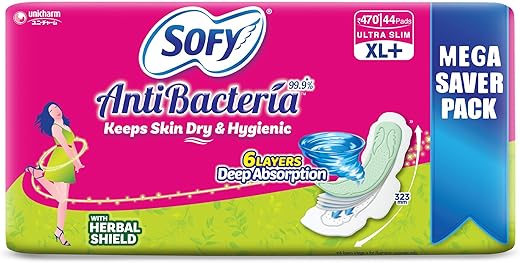 Sofy Anti-Bacteria Sanitary Pads (XL+ Size - 323 mm) 44 Pads - 6 layer deep absorption & Herbal Shield for Bacterial Protection, Soft on skin with comfy dry top sheet (Pack of 1)