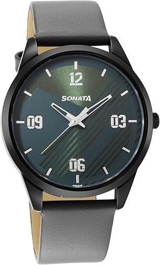 Sonata Force Quartz Analog Green Dial Leather Strap Watch for Men-NR7146NL03