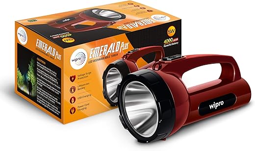 Wipro Emerald Plus Rechargable Torch| 4000 mAh Battery | 16 Hrs Back Up | Bright Output with 5w LED Light | Long Range LED Torch for Outdoor Activities, Home |USB & Power Cord Charging | Pack 1