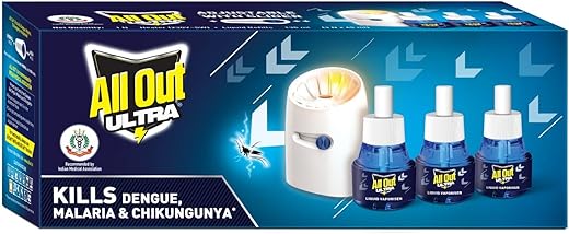 All Out Ultra Liquid Vaporizer, Machine + 3 Refills (45ml each) | Kills Dengue, Malaria & Chikungunya Spreading Mosquitoes| India's Only Mosquito Killer Brand Recommended by Indian Medical Association