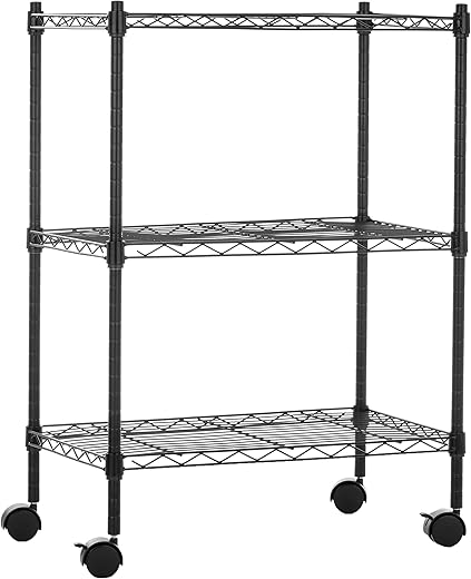 amazon basics Height Adjustable 3-Shelves Heavy Duty Rack with Wheels (Black), Metal, Tiered Shelf, Floor Mount