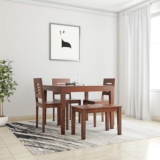 Amazon Brand - Solimo Karen Solid Sheesham Wood 4 Seater Dining Table with Chairs and Bench (Teak Finish)