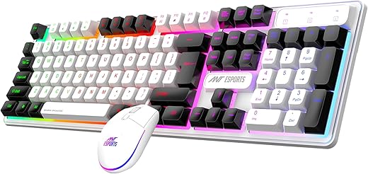 Ant Esports KM1610 LED Keyboard and Mouse Combo, 104 Keys Rainbow Backlit Keyboard and 7 Colour RGB Mouse, White Gaming Keyboard and Mouse Combo for PC Laptop Xbox PS4 Gamers and Work