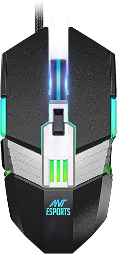 Ant Esports USB GM90 Wired Gaming Mouse with RGB, 6 Programmable Buttons, up to 3600 DPI Adjustable, Optical Gamer Gaming Mice with Multicolour LED Lights - Black