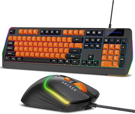 Archer Tech Lab Wired Gaming Keyboard and Mouse Combo| Full Size 104 Keys, 19 Anti-Ghosting| 6 Button Mouse Adjustable 7200 DPI, 13 RGB Modes, Braided Cable| for PC, Laptop, Windows, Mac, Linux(G200)