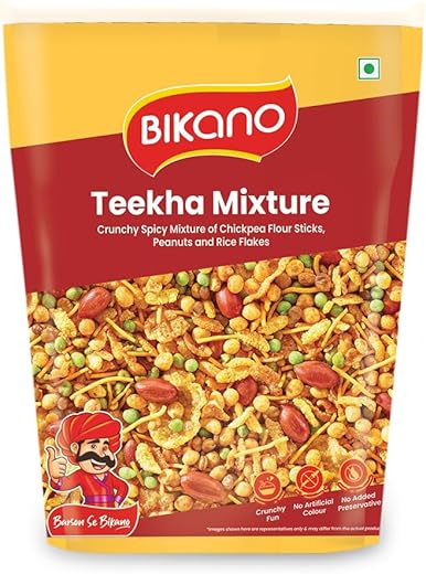 Bikano Teekha Mixture | Spicy Indian Namkeen Snack | Crunchy Mix with Peanuts, Corn Flakes & Spices | Perfect Tea-Time Snack (Spicy Mixture) - 800g