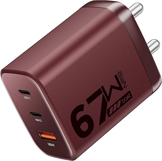 boAt 67W Gan Smartphone Charger USB Type C, Ultra-Fast Triple Port Charging with Auto-Detect, Gan Chip Tech, Compact & Lightweight, Heat & Corrosion Resistant, Smart IC Protection(Monarch Red)