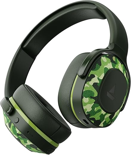 boAt Rockerz 413 (2025 Launch), 60Hrs Battery, 40mm Drivers, Over Ear, Dual Pair, ENx Tech, Low Latency, Integrated Controls, Bluetooth Headphones, Wireless Headphone with Mic (Army Green)