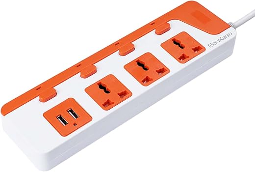 BonKaso 3-Socket Power Strip with Dual USB - 3AC Sockets, 2 USB, 1.5m Cord Length, 1500 W, Compact 26cm Size, Ultra-Light 500g (White & Orange)