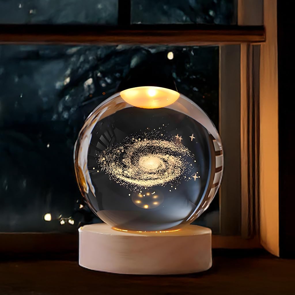 BTfash 3D Milky Way Ball Night Light with Wooden Base for Home Decor, Living Room, Bedrooms Ornament