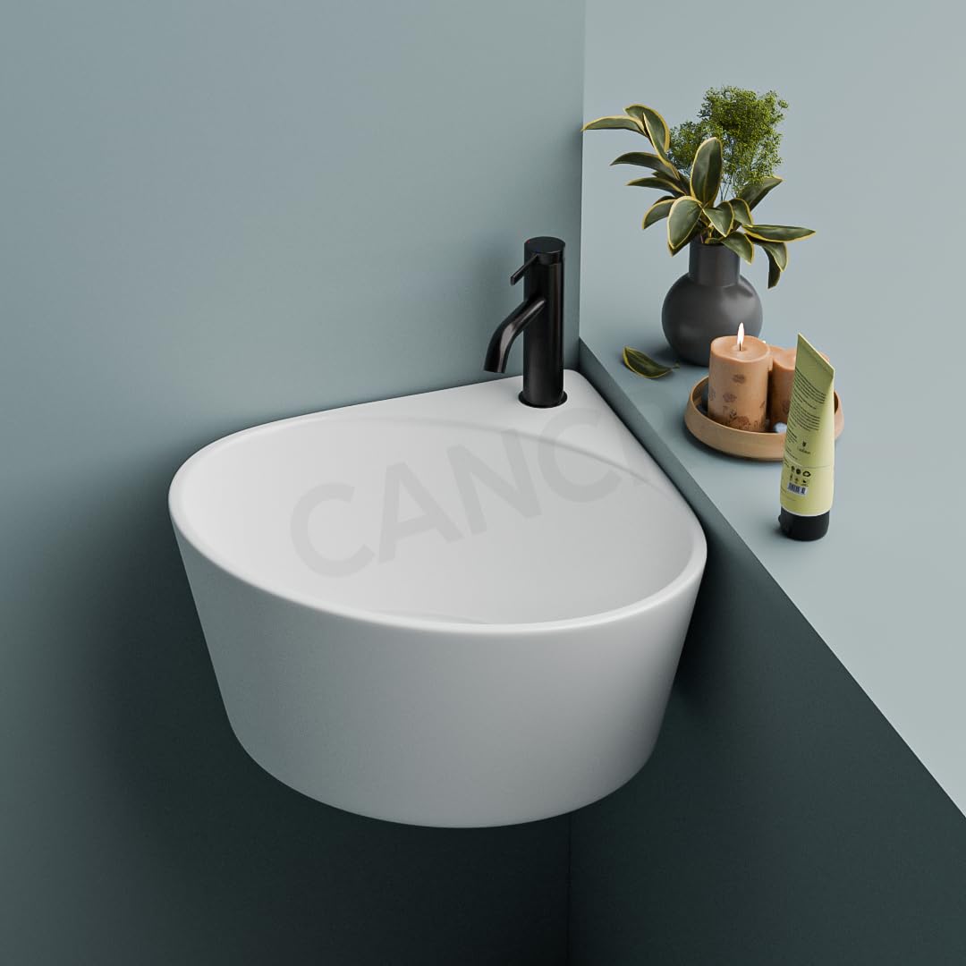CANCRI Designer Wall Mounted Wash Basin For Bathroom | Ceramic Wall Hung Sink | Corner Basin | Corner Sink For Living Room, Resturent, Hotel (14 x 13 x 6 Inch) (White)