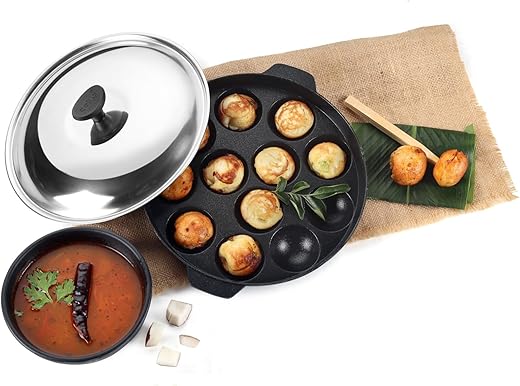 CELLO Non-Stick 12 Cavity Appam Patra Kan with Stainless Steel Lid | Appam Maker | Appam Patra | Appam pan | Litti Maker | Appe Stand | Dishwasher Safe