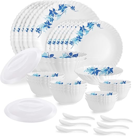 Cello Opalware Dazzle Series Blue Swirl Dinner Set, 35 Units | Opal Glass Dinner Set for 6 | Light-Weight, Daily Use Crockery Set for Dining | White Plate and Multipurpose Bowl Set