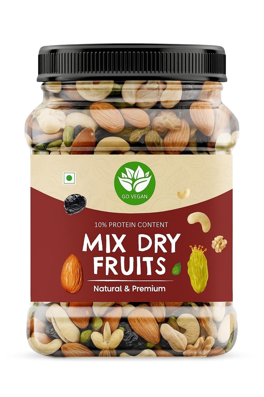 Go Vegan Natural Premium Mix Dry Fruits and Nuts [Almonds, Pistachios, Cashew, Kishmish, Apricot, Figs, Walnut Black Raisins] [Jar Pack] (500gm, Mix Dry Fruits)
