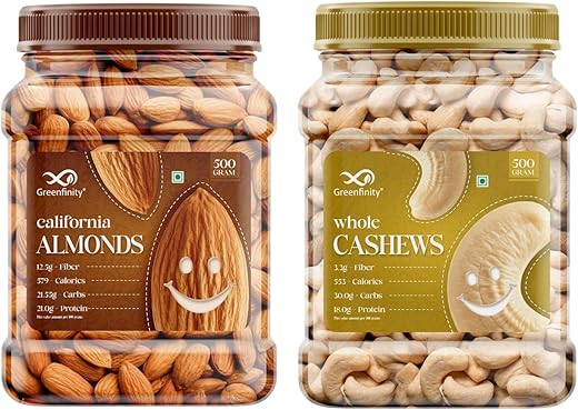 GreenFinity Premium Almonds & Cashews Combo – 500g Each (1kg Total) | Crunchy Whole Nuts in Reusable Jar | Protein-Rich Healthy Snack | No Preservatives | Vegan & Gluten-Free
