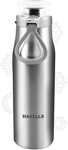 Havells Aqua-S Double Wall Hot/Cold Water Bottle, 304 Grade Stainless Steel Inner Body, Non Toxic, Leak Proof, Easy to Clean, 590 ml Silver
