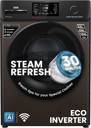 IFB 8 Kg 5 Star, DeepClean® Technology, AI Powered, WiFi, Fully Automatic Front Load Washing Machine (SENATOR MBN 8012 CMS, PowerSteam®, 9 Swirl, Steam Refresh, Inbuilt Heater, Eco Inverter, Mocha)