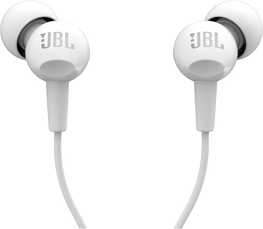 JBL C100SI Wired In Ear Headphones with Mic, JBL Pure Bass Sound, One Button Multi-function Remote, Premium Metallic Finish, Angled Buds for Comfort fit (White)