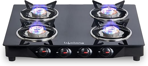 Lifelong Glass Top Gas Stove, 4 Burner Gas Stove, Black (ISI Certified,1 year warranty with Doorstep Service)