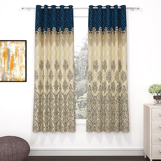 MollisHomes Window Curtains 5 Feet Long Set of 2 | Ethnic Design | Polyester | Light Filtering Curtains | Curtains for Living Room | (118 x 152 cm, Blue & Ivory) | Perfect for Home Decor