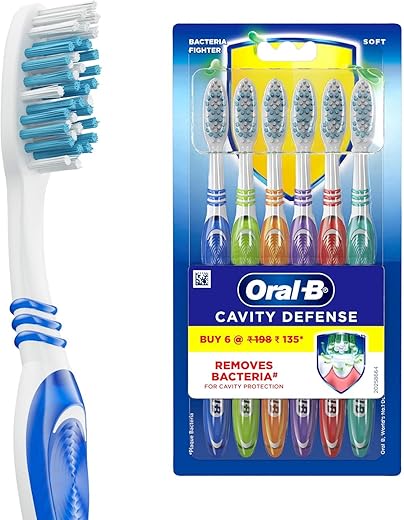 Oral-B Cavity Defense Soft Manual Toothbrush For Adults, Soft Bristles, Removes Bacteria for Cavity Protection, Multicolour, Oral B Dentist Recommended Brand (Super Saver Family Pack of 6)