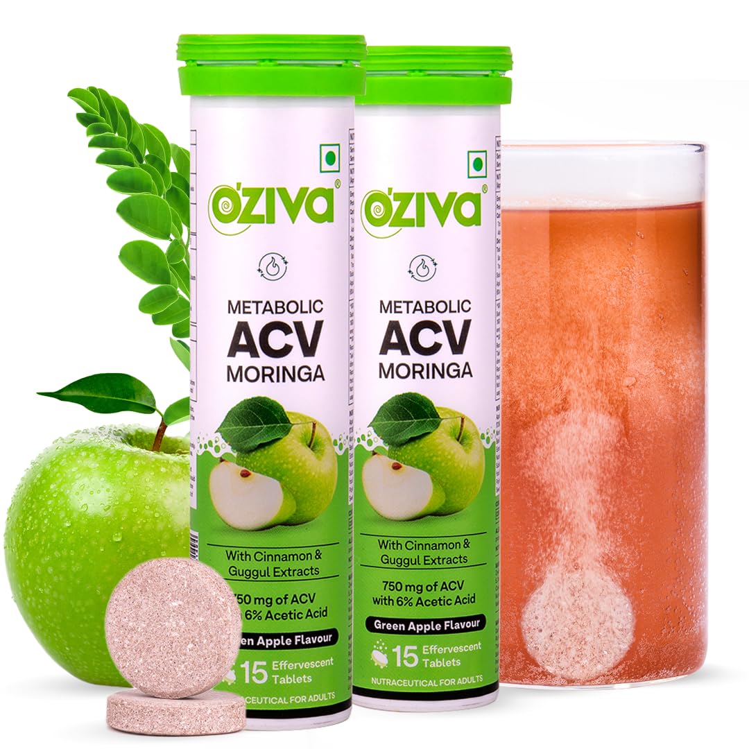 OZiva Acv Moringa|Control Cravings I Apple Cider Vinegar,Cinnamon,Guggul I No Maltodextrin & No Added Sugar I 15 Effervescent Tablets - Green Apple,Pack Of 2 (30 Tablets),2 Count,15 Capsules