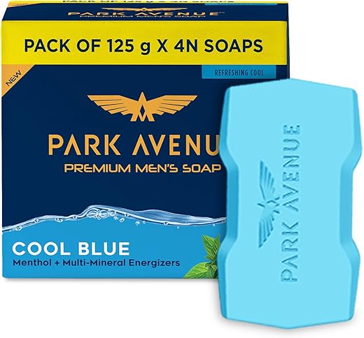 Park Avenue Premium Men’s Soaps for Bath – Cool Blue | 125g (Pack of 4) | Menthol & Mineral Energizer | Grade 1 Soap | For All Skin Types
