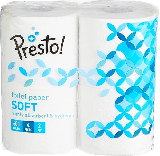 Presto! 2 Ply Toilet Tissue Paper, 100% Natural virgin paper - Pack of 4 (400 Pulls per Roll)