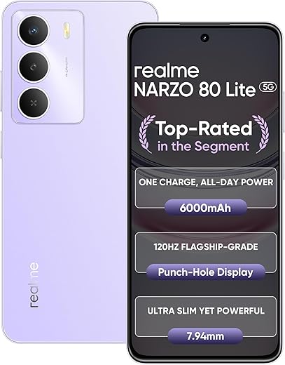 realme NARZO 80 Lite 5G (Crystal Purple, 6GB+128GB) | 6000mAh Long-Lasting Battery | MediaTek Dimensity 6300 5G | AI Assist | IP64 Rated Water & Dust Resistance | Military-Grade Durability