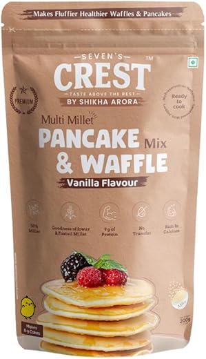 Seven's Crest Multi Millet Pancake & Waffle Mix – Vanilla, 200g (Pack of 1) | Jowar & Foxtail Millet | Jaggery-Sweetened | High Protein | Calcium-Rich | No Transfat | No Preservatives | Refined Sugar-Free | Gluten-Free Ingredients