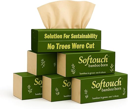 Softouch 2 Ply Bamboo Facial Tissue 100 Pulls Pack of 6 – Eco-Friendly, Soft & Strong – Dual Use Direct from Pack or Refill Any Tissue Holder for Car, Office & Home (Total 600 Pulls)