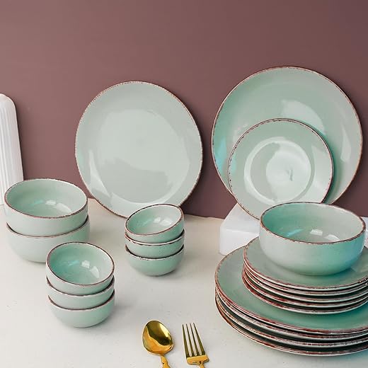 The Earth Store Handcrafted Glossy Mint Marble Ceramic Dinner Set, 21 Pieces Serving for 6, Microwave and Dishwasher Safe, Bone-Ash Free, Crockery Set for Dining and Gifting