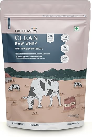 TrueBasics Clean Raw Whey Protein Concentrate Powder (Unflavoured, 1kg) | 28g Protein per Scoop