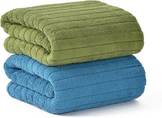 UrbanLeaf 2 Pcs Microfiber Large Bath Towels | Quick Dry Super Absorbent - Bath Towel for Men and Women | Blue & Green Stripe | Towel for Bath, Travel, Gym, Beach, Pool, and Yoga (70 X 140 CMs)
