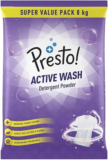 Amazon Brand - Presto! Active Wash Detergent Powder | 8 Kg | Tough On Stains | Gentle On Fabrics | Colour-Safe | Refreshing Fragrance | Machine And Hand Wash