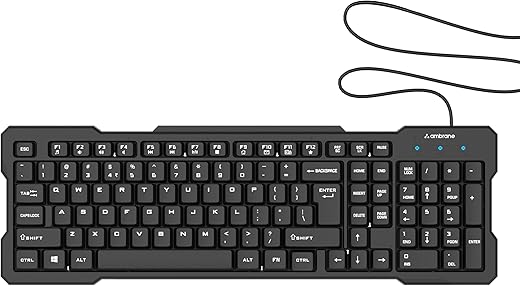 Ambrane Wired Keyboard, 104 Key with Membrane Switch Quick, 12Fn Shortcut Keys, Plug and Play USB Connection Compatible with PC, Mac, Laptop, Comfy and Ergonomically Design (Keyflex)