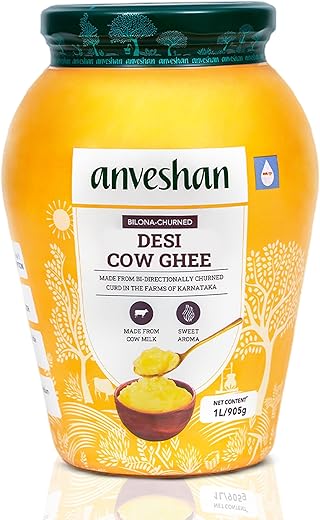 Anveshan A2 Cow Ghee 1 Litre | Traditionally Bilona-Churned, Danedar Ghee | Aromatic| NABL Lab Tested (70+ tests), Cruelty-Free | Grass-Fed | Glass Jar