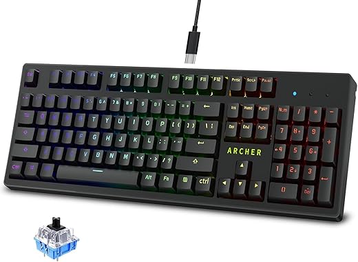 Archer Tech Lab Mechanical Gaming Keyboard, Clicky JERRZI Blue Switches, Full Anti-Ghosting Keys, 21 RGB Modes LED Backlit & Music Visualizer, Braided USB-C Cable, PC/Mac/Linux – Software Customizable