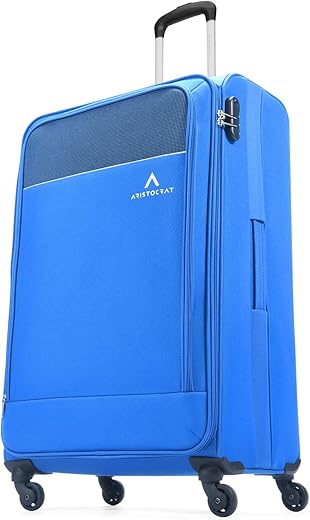 Aristocrat Large Oasis Plus Size Soft Check in Luggage (79 Cm) | Spacious Polyester Trolley with 4 Spinner Wheels and Combination Lock | Dazzling Blue | Unisex| 5 Year Warranty