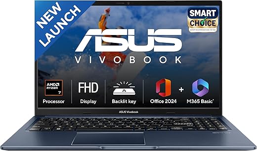 ASUS Vivobook 15, Smartchoice, AMD Ryzen 7 5825U, 16GB RAM, 512GB SSD, FHD 15.6", Windows 11, Office Home 2024, Quiet Blue, 1.7Kg, M1502YA-BQ703WS, AMD Radeon iGPU, M365 Basic (1Year)*, 42Whr Laptop
