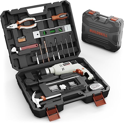 BUILDSKILL 136 Pcs 650W Copper Armature Professional Impact Drill Machine Tool Kit | 13MM Keyless Chuck | 3000 RPM Variable Speed with Forward & Reverse Function Drill Machine for Wall Drilling