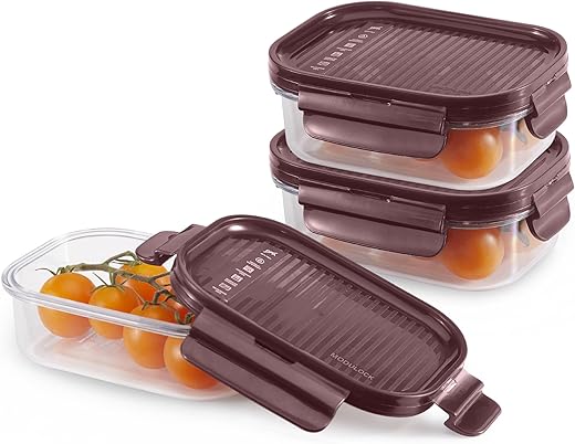 CELLO Modulock Rectangular Kitchen Storage Containers Set of 3, (3 x 260 ml), Burgundy | Food Grade, BPA Free, Air Tight Clip, Stackable |Multipurpose Plastic Storage Container Sets For Home Kitchen