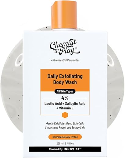Chemist At Play Exfoliating Body Wash 236ml | 4% (Salicylic Acid, Vitamin E & Lactic Acid) | Paraben & SLS Free | Gentle Exfoliating Shower Gel | Removes Tan | Prevents Dry, Rough, Bumpy Skin | Unisex